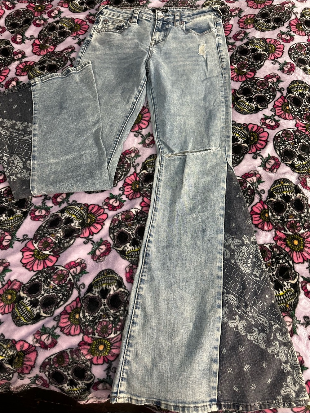 True Religion Light Wash Flare Jeans with Dark Bandana Panels